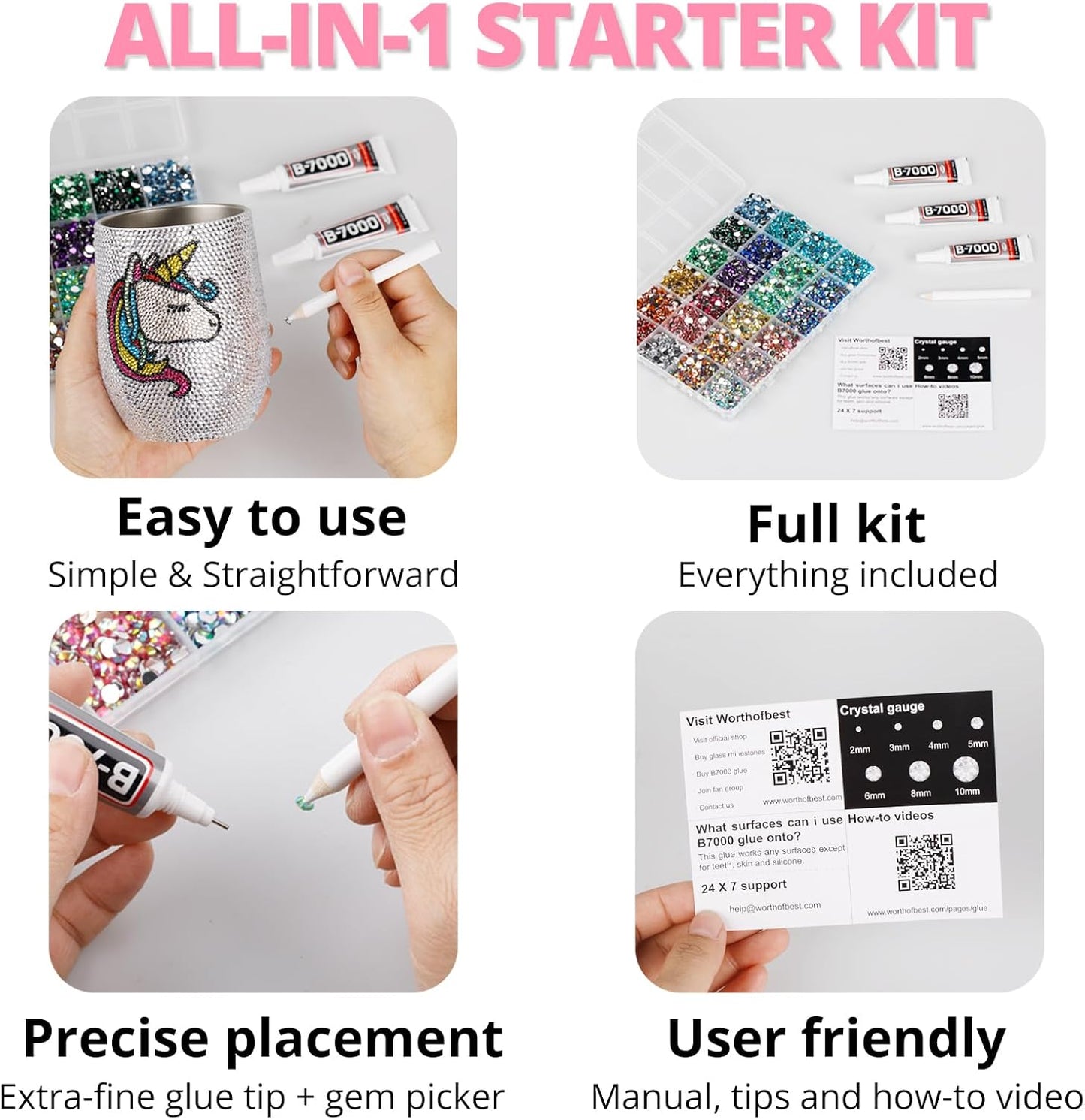 30000Pcs Resin Rhinestones Set for Crafting Bedazzling, Pink Flatback Gems Jewels for Crafts Clothes Shoes Fabric Outfit Nails Makeup, Flat Back Light Pink Crystal 2-6mm with b 7000 Glue-FemmiqueWomen