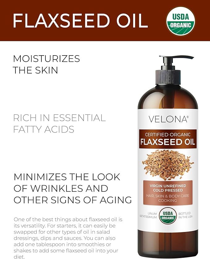 velona USDA Certified Organic Flaxseed Oil - 16 Fl Oz | 100% Pure and Natural Carrier Oil | Unrefined, Cold Pressed |Body, Face & Skin Care | Use Today - Enjoy Results…-FemmiqueWomen