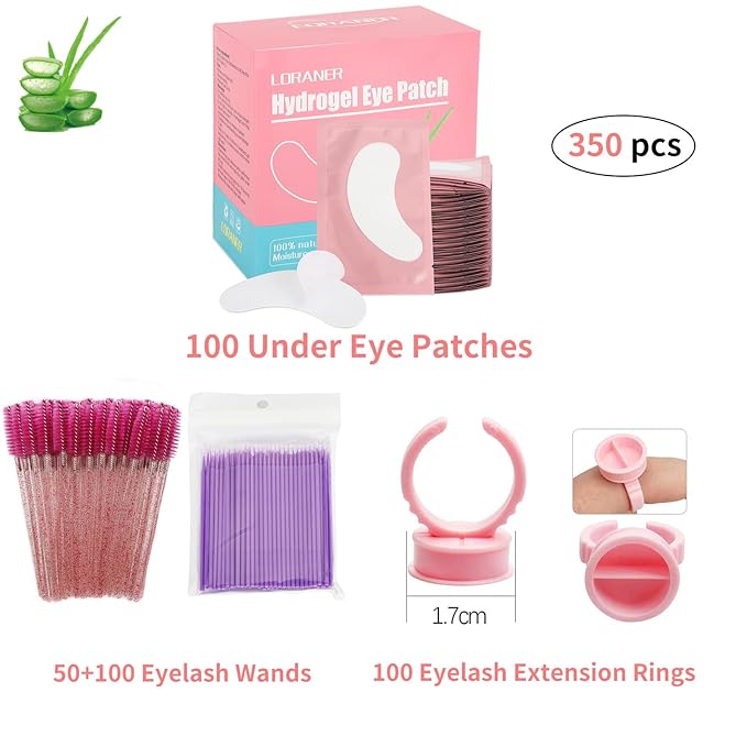 350 PCS Under Eye Gel Pads,Eyelash Mascara Brushes,Holder Eyelash Extension Rings - 100% Naturel Lint Free,Comfy and Cool,Eyelash Extension Eye Pads,Hydro gel Eye Patches Beauty Tool(Pink)-FemmiqueWomen