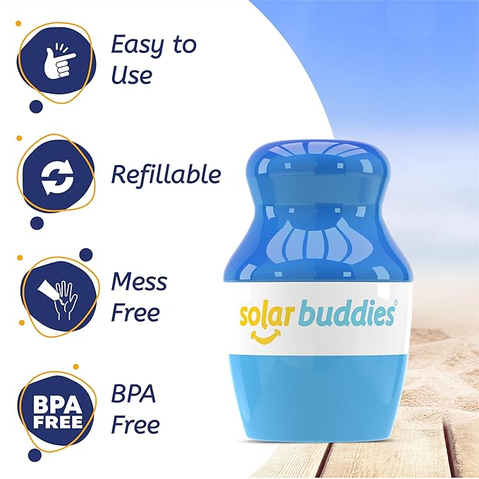 Solar Buddies Sunscreen Applicator - Single Full Blue - Refillable Roll on Sponge Sunscreen, Suncream & Lotion Applicator For Kids, Adults & Families - Holds 3.4fl oz, Perfect Size for Travel-FemmiqueWomen