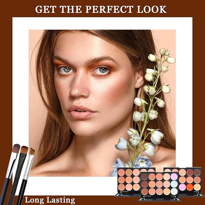 15 Color Contour Palette,Waterproof Long Lasting Facial Correcting Concealer Palettes,Cream Foundation Makeup Palettes with Brushes,Color Correcting Palettes for Women (3 Pack)-FemmiqueWomen