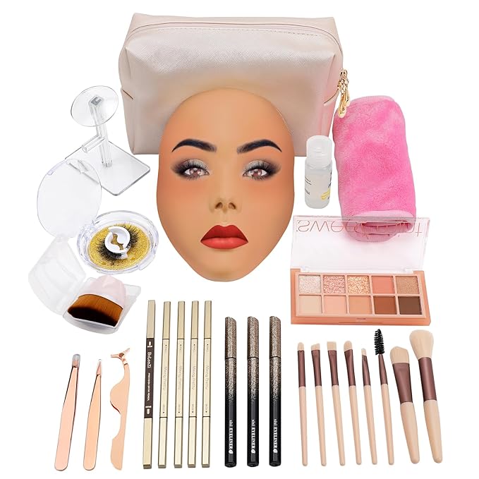3D Makeup Practice Face Board,Reusable Silicone Makeup Practice Face/Makeup Mannequin Face,with Makeup Brushes Set&Dual head Eyebrow Pencils&a Pair of Eyelashes&a Makeup Bag&makeup remover towel-FemmiqueWomen