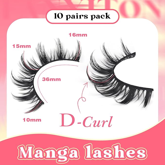 False Eyelashes Manga Lashes 10 Pairs False Eyelashes Japanese Style D Anime Lashes Natural Cosplay Lashes Natural Look 15 MM Wispy Faux Mink Lashes Full Strip Doll Lashes by FANXITON-FemmiqueWomen