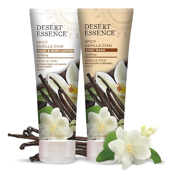 Desert Essence Spicy Vanilla Chai Hand & Body Lotion, Uplifting, Smoothes & Softens Skin, No Greasy Residue, Aloe Vera, Shea Butter, Vitamin E, 8 Fl Oz-FemmiqueWomen