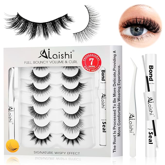 Wispy False Eyelashes Kit With Bond, Seal and Tweezer, 7 Pairs Natural Look Fake Cat Eye Lashes Strips Thin Band Extensions Waterproof Easy Eyelashes for Beginners RQ7Variety Mix-FemmiqueWomen