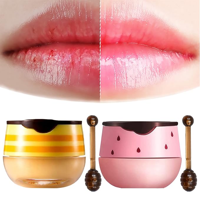 2PCS Lip Balm Honey Pot, Honey Pot Lip Balm for Dry Cracked Lips, Strawberry Lip Balm Scrubs Exfoliator & Moisturizer, Hydrating Lip Balm Honey Pot with Wand, Lip Sleeping Mask (C)-FemmiqueWomen