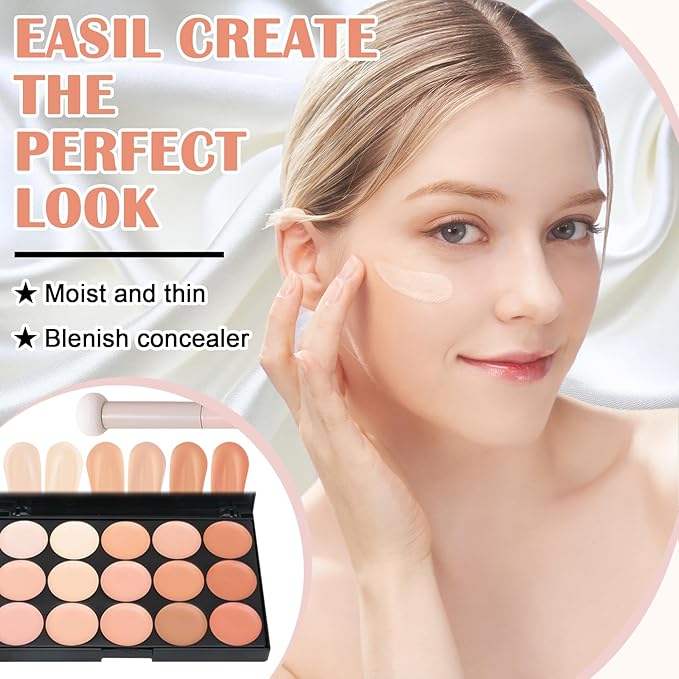 15 Colors Correcting Concealer Contour Palette,Cream Contour Makeup Palette with Brush,Contouring Liquid Foundation Concealer Palette Highlighting Makeup Kit for Conceals Dark Circles,Blemish-FemmiqueWomen