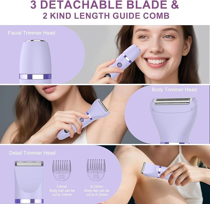 3-in-1 Electric Razor IPX7 Waterproof Bikini Trimmer Wet & Dry Use Painless Personal Trimmer Groomer for Ladies Face Body Legs Bikini Public Hairs Electric Lady Shaver with Replaceable Heads-FemmiqueWomen
