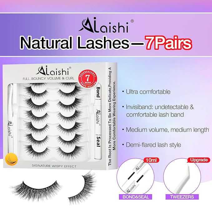 Wispy False Eyelashes Kit With Bond, Seal and Tweezer, 7 Pairs Natural Look Fake Cat Eye Lashes Strips Thin Band Extensions Waterproof Easy Eyelashes for Beginners RQ10-FemmiqueWomen