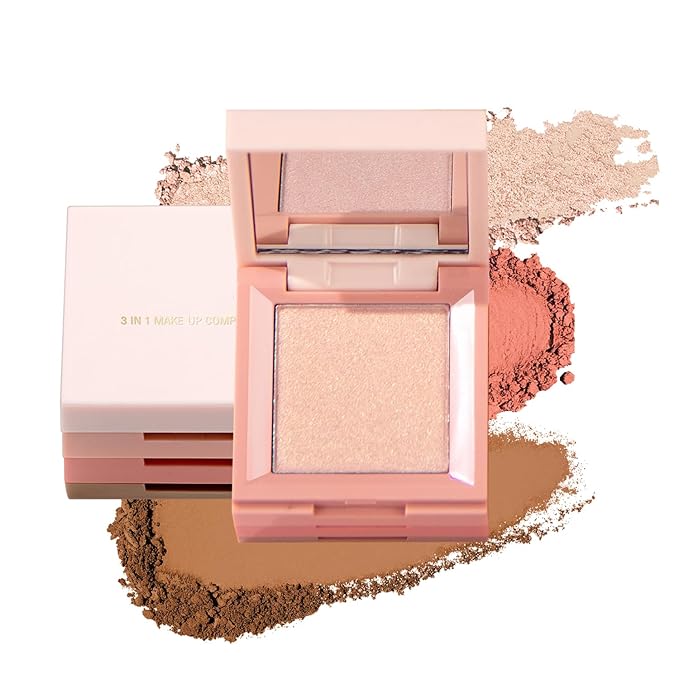 3 in 1 Highlighter Contour Blush Makeup Palette, 3 Colors Matte Shimmer Brighten Highlighting Bronzing Blusher Eyeshadow Pallet, Long Lasting Full Face Eyes Contouring Shaping Makeup kit with Mirror-FemmiqueWomen