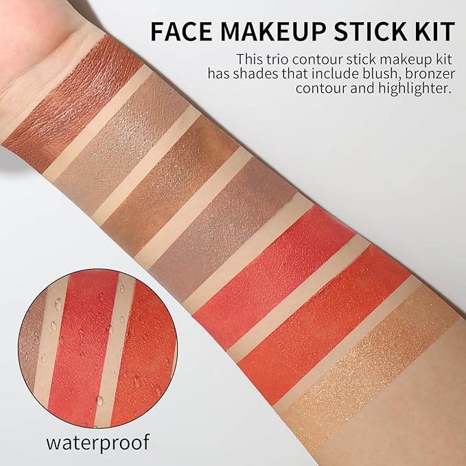 3Pcs Cream Contour Sticks Kit, Face Contouring Pen with Highlighter Stick, Blush Stick and Bronzer Contour Stick for Sculpt the Face, Create a Long Lasting, Matte or Dewy Finish (06)-FemmiqueWomen