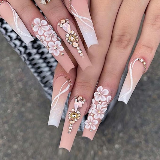 Long Coffin False Nails Gradient Press on Nails Daisy Nails Tips Acrylic Crystal Gem Design Fake Nails for Women and Girls 24Pcs