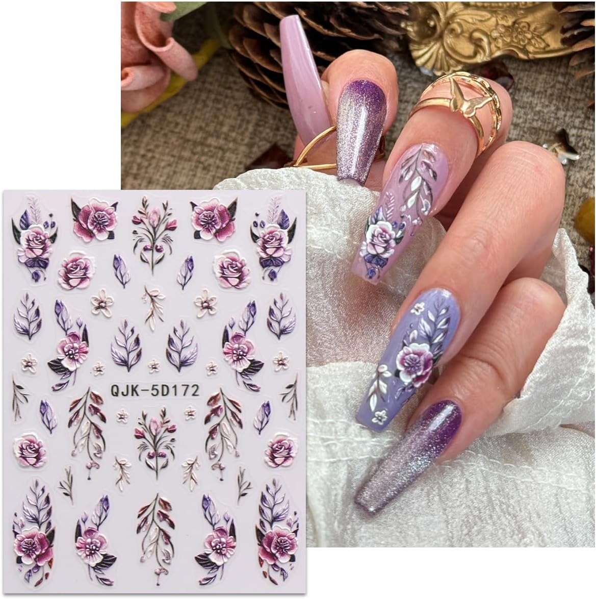 JMEOWIO 3D Embossed Flower Nail Art Stickers Decals Self-Adhesive 5D Spring Summer Floral Nail Supplies Nail Art Design Decoration Accessories 4 Sheets-FemmiqueWomen