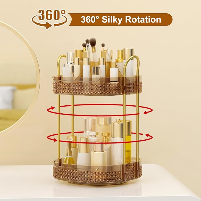 360° Rotating Makeup Organizer 2 Tier, Large Skincare Clear Make Up Storage Spinning Perfume Organizers for Bathroom Counter Dresser, Pink-FemmiqueWomen