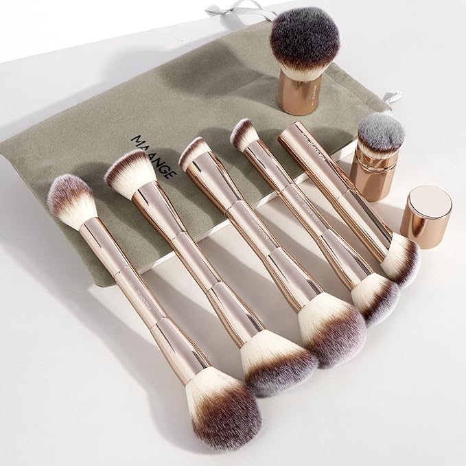 MAANGE 7pcs Makeup Brush Set Double Sided Kabuki Makeup Brushes Contour Brush for Foundation Liquid Powder Concealer Cream Cosmetics Bronzer Blending Blush Buffing Makeup Tools (Gold)-FemmiqueWomen