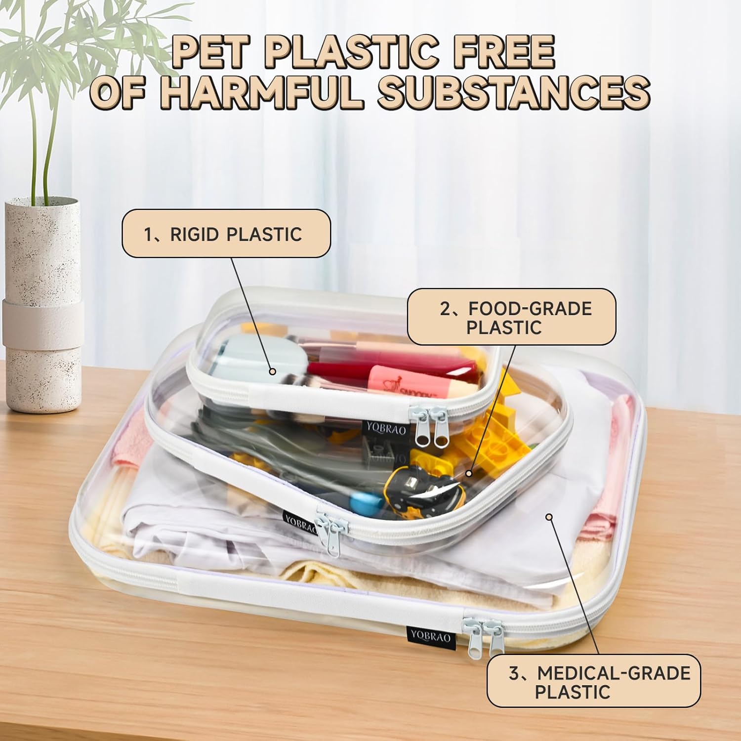 Hard Sided Clear Zipper Case for Storage- Professional-Grade Plastic Clear Zipper Pencil Case,Toy Storage Bins, Toiletry Pouch, Travel Organizer, Cosmetic Bag（White,3 Pack, LMS）-FemmiqueWomen