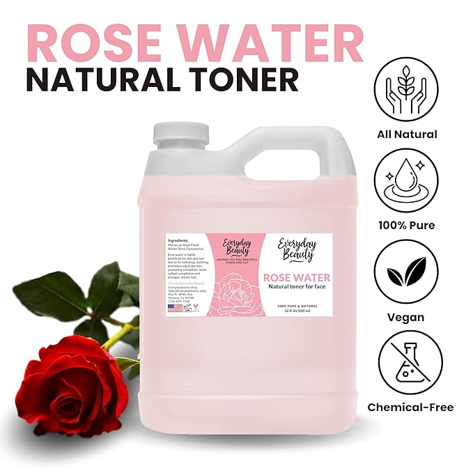 Rose Water Facial Toner - 32oz Bulk Alcohol-Free Vegan All Natural Refreshing for Face and Hair - Uplifts, Calming & Soothing for All Skin Types-FemmiqueWomen