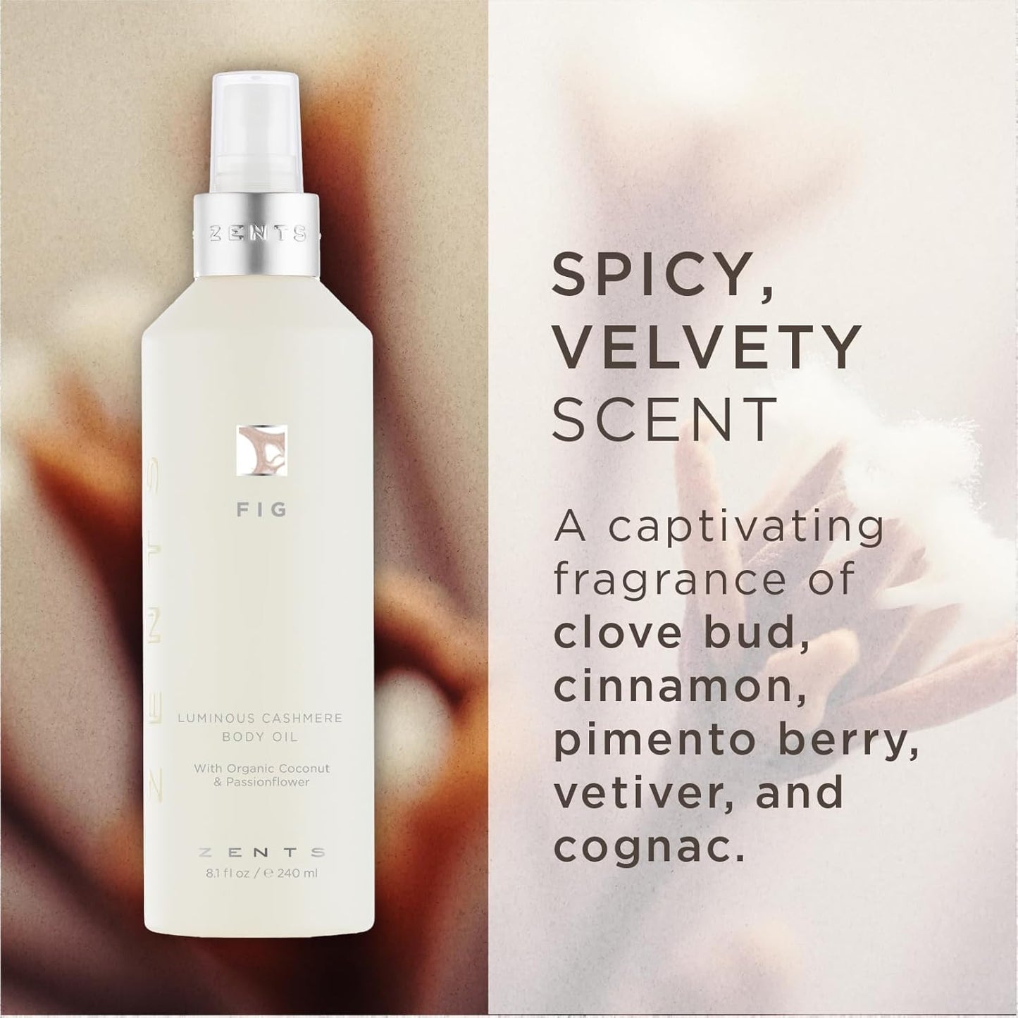 Zents Luminous Cashmere Body Oil (Fig Fragrance) | Moisturizing Body Oil with Vitamin E & Organic Coconut Oil | Softens & Smooths Skin | 8 fl oz-FemmiqueWomen