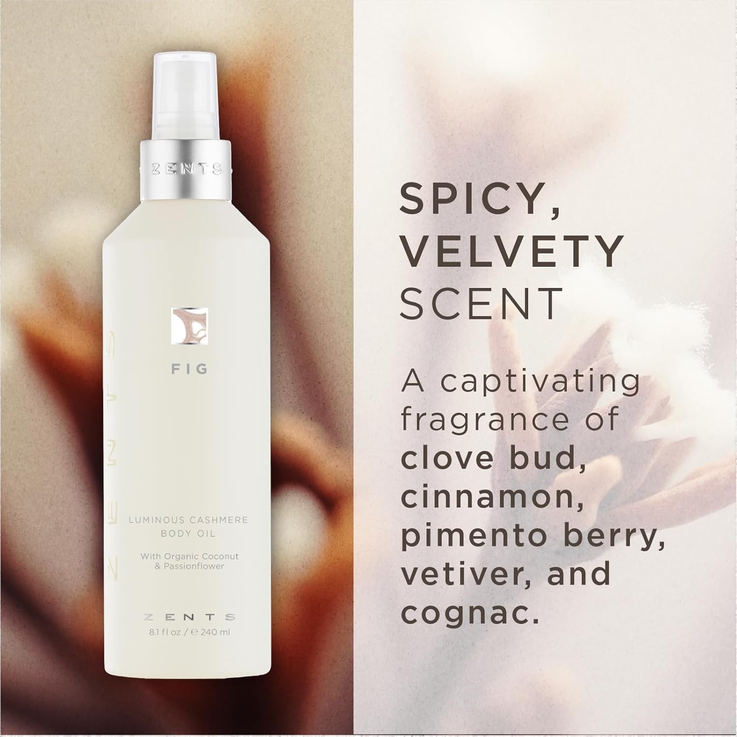 Zents Luminous Cashmere Body Oil (Fig Fragrance) | Moisturizing Body Oil with Vitamin E & Organic Coconut Oil | Softens & Smooths Skin | 8 fl oz-FemmiqueWomen