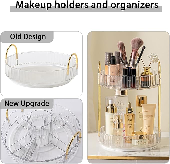Rotating Makeup Organizer for Vanity, High-Capacity Skincare Clear Make Up Storage Perfume Organizers Cosmetic Dresser Organizer Countertop 360 Spinning (Clear, New-2 Tier)-FemmiqueWomen