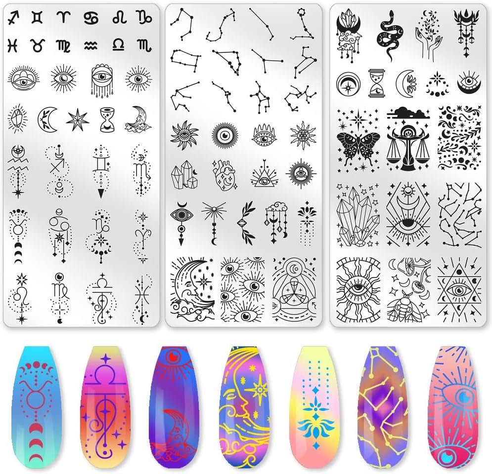 3Pcs Constellation Nail Stamping Plate Set Zodiac Tarot Nail Stamp Templates Sun Moon Stars Stainless Steel DIY Reusable Tools with Stamper Scraper for Manicure Printing-FemmiqueWomen