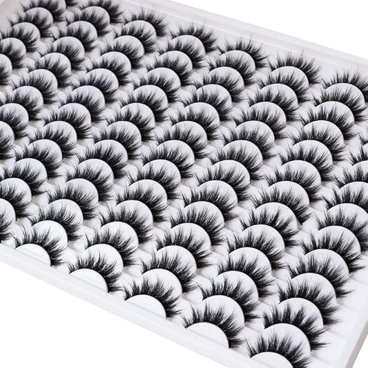 False Eyelashes 48 Pairs Faux Mink Lashes 14mm Wispy Lashes 3D Fluffy Cat Eye Lashes Pack Bulk Wholesale Strip Lashes(style 48-035)-FemmiqueWomen