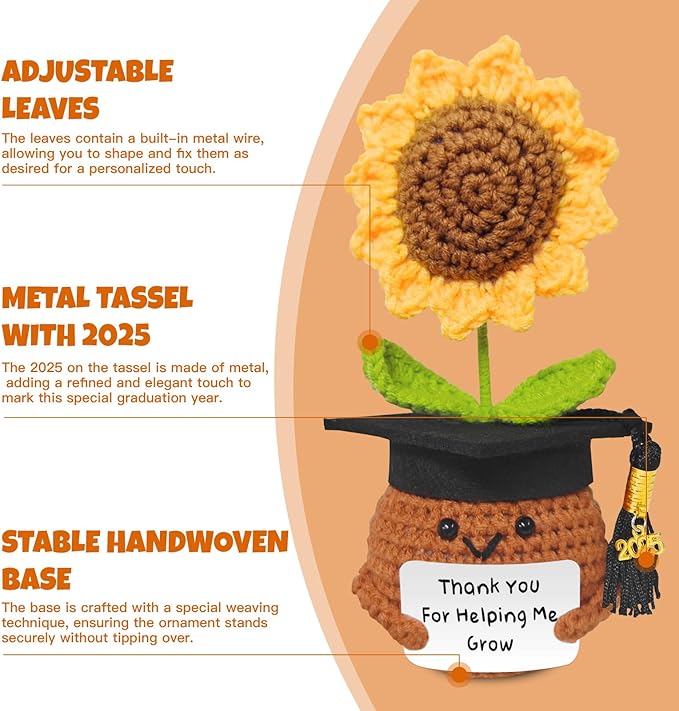 Teacher Appreciation Gifts, Handmade Crochet Sunflower Teacher Gifts, Thank You for Helping Me Grow, Daycare Teacher Appreciation Gifts for Women Men, End of Year Graduation Teacher Gifts (3)