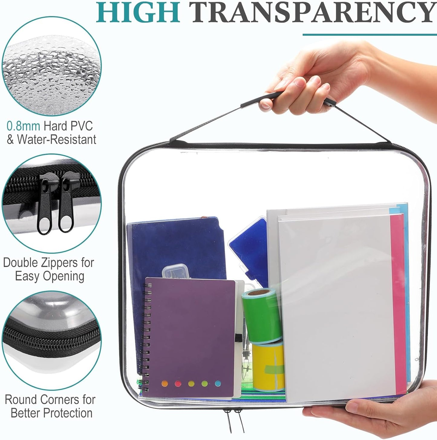 Sanwuta 4 Pcs Clear Hard Zipper Case with Handle Office Storage Cases Hard Plastic Pouches Transparent Bins for Crafts, Pencils, Snacks, Cosmetics, Puzzles(13.8 x 11.8 x 2 Inches,Black)-FemmiqueWomen