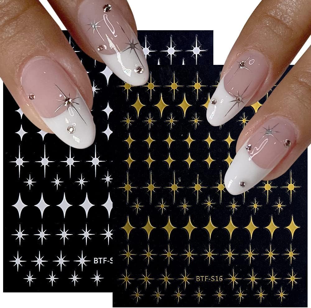 12 Sheets Star Nail Art Stickers 3D Self Adhesive Gold White Black Star Design Nail Art Decal Accessories for Women Acrylic Manicure DIY Decoration-FemmiqueWomen
