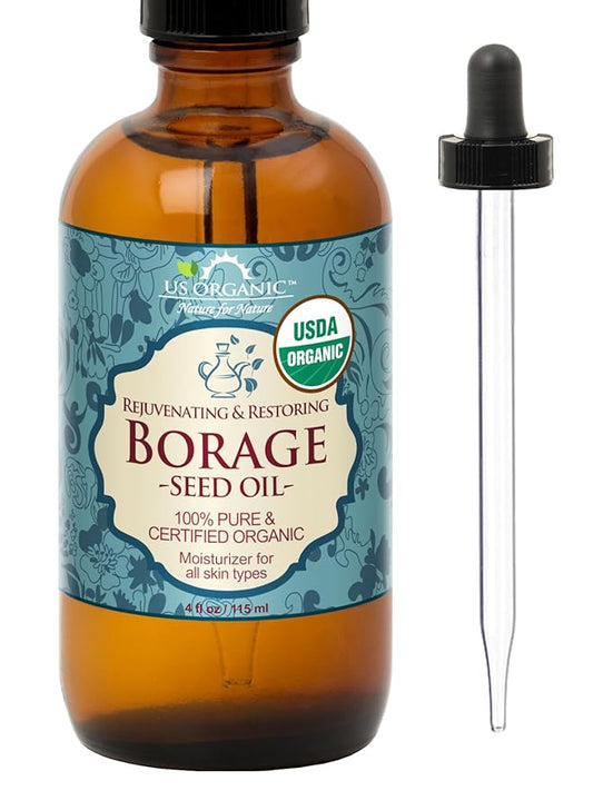 US Organic Borage seed Oil (18% GLA), USDA Certified Organic, 100% Pure & Natural, Cold Pressed, aka Starflower oil, in Amber Glass Bottle w/Eye dropper for Easy Application (4 oz (115 ml))-FemmiqueWomen