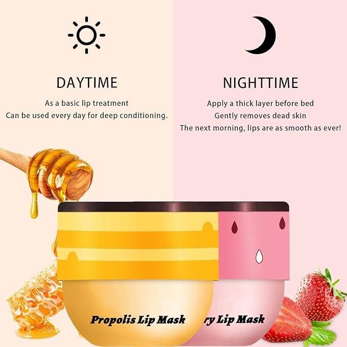 2 PCS Bee Lip Balm Honey Pot, Honey & Strawberry Lip Mask Overnight Propolis Moisturizing Lip Balm Hydrating Prevention Dry and Crack Lip Scrubs Exfoliator Lip Wrinkle Care (Honey&Strawberry)-FemmiqueWomen