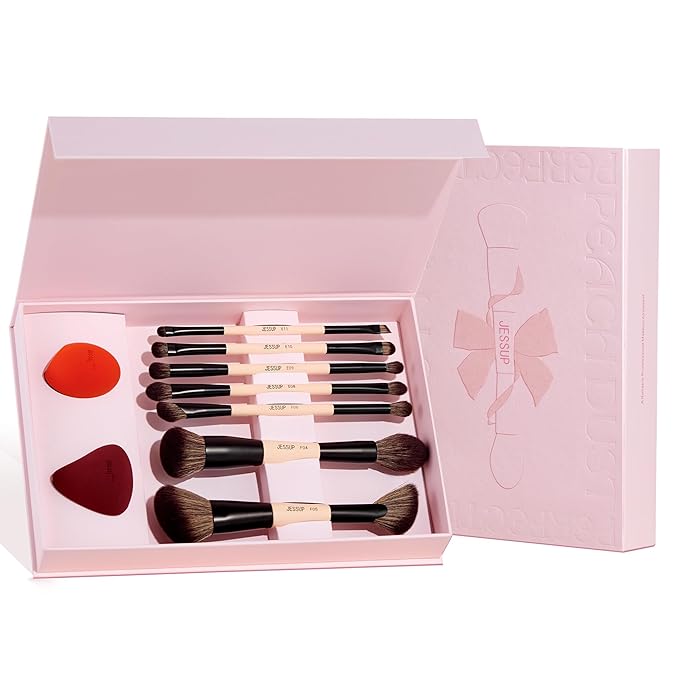 Jessup Makeup Brushes Set with Makeup Sponge, 7pcs Double Sided Makeup Brushes for Foundation Concealer Blush Eyeshadow Contour Bronzer Powder Blending Eyebrow Eyeliner with Gift Box, T506-FemmiqueWomen