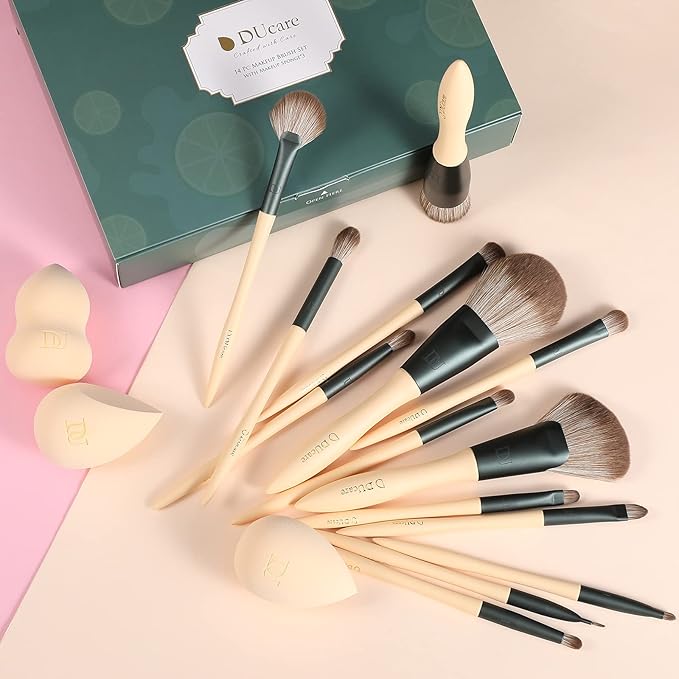 DUcare Makeup Brushes 14Pcs with 3Pcs Makeup Spong & Cosmetic Bag - Lime Mojito Series Makeup Brush Set for Foundation Blending Face Powder Blush Concealers Eye Shadows-FemmiqueWomen