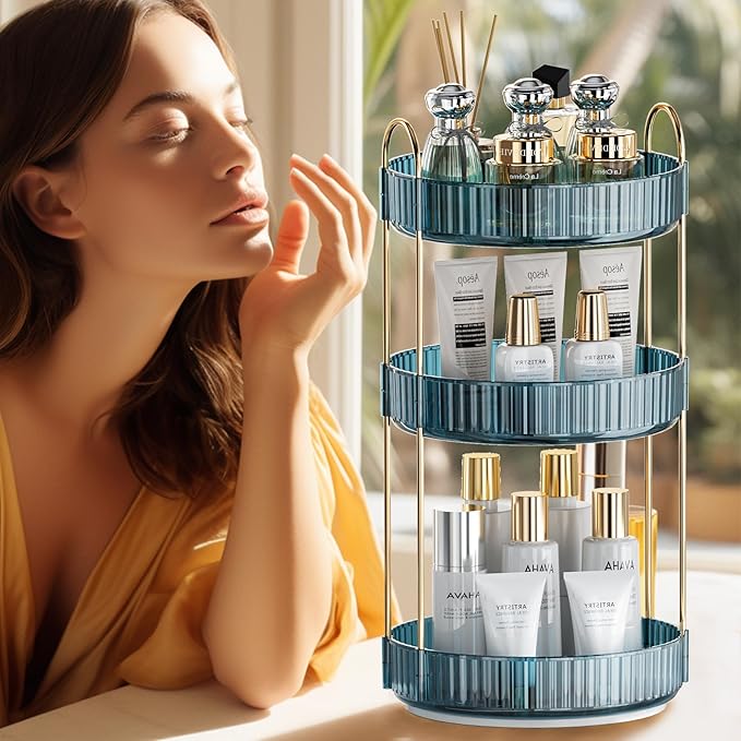 360° Rotating Makeup Organizer, Bathroom Organizers and Storage Holder Rack, Large Capacity Vanity Shelf Countertop, Fits Cosmetics, Perfume, Skin Care(Blue, 3 Tiers)-FemmiqueWomen