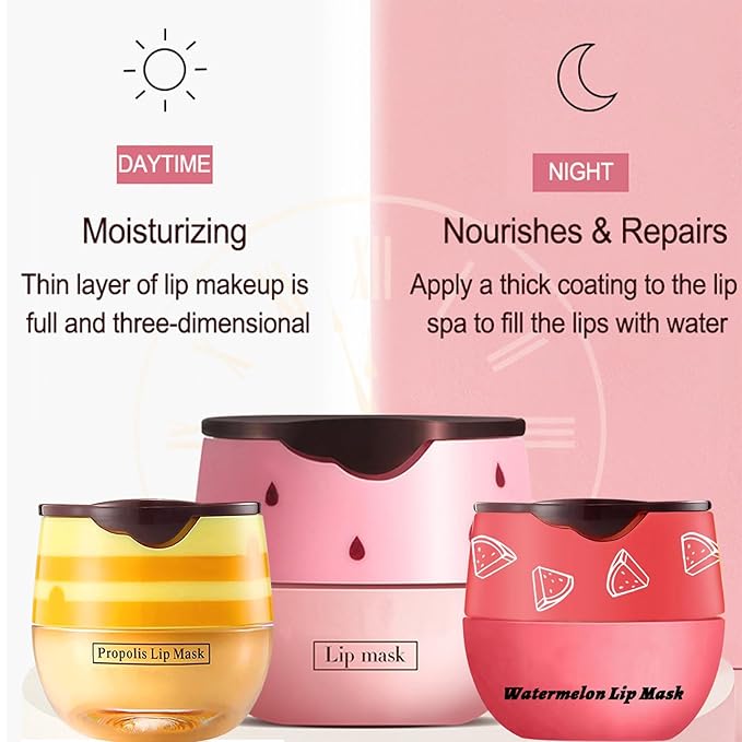 3 PCS Bee Lip Balm Lip Mask Honey Pot, Honey & Strawberry & Watermelon Lip Mask Overnight Propolis Moisturizing Lip Balm with Stick, Hydrating Repair Lip Sleeping Mask,Prevention Dry & Cracked-FemmiqueWomen
