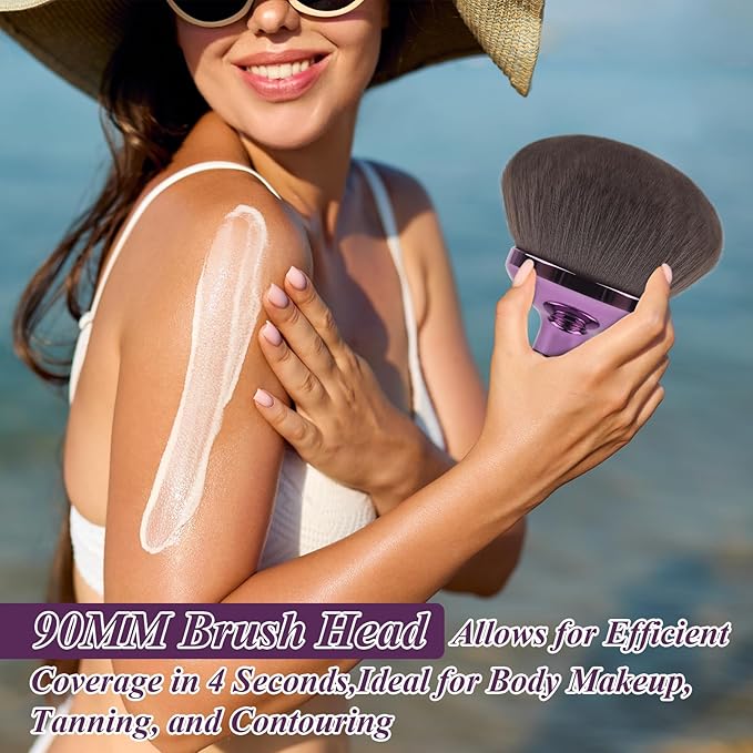 90MM Extra Large Self Tanner Kabuki Makeup Brush – Ultra Soft Dense Vegan Bristles for Body Makeup, Bronzer & Foundation–Applies Tanning Mousse, Lotion & Self Tanner，Wet & Dry (Purple)-FemmiqueWomen