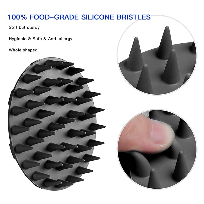 INNERNEED Scalp Massager Shampoo Brush, Wet & Dry Manual Scalp Care Head Scrubber Hair Washing, Soft Silicone Bristles, for Hair Growth, Dandruff Removal (Black+Gray)-FemmiqueWomen