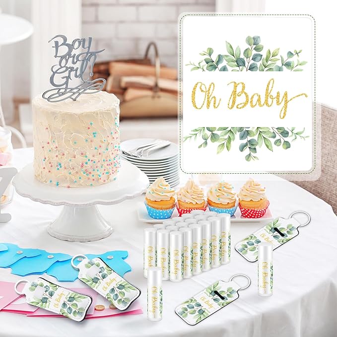 18 Sets Baby Shower Bridal Shower Favors for Guests Bulk Lip Balm and Lipstick Holder Keychains Set Baby Shower Bridal Shower Goodies Bags Thank You Gifts for Guests(Eucalyptus Baby)-FemmiqueWomen