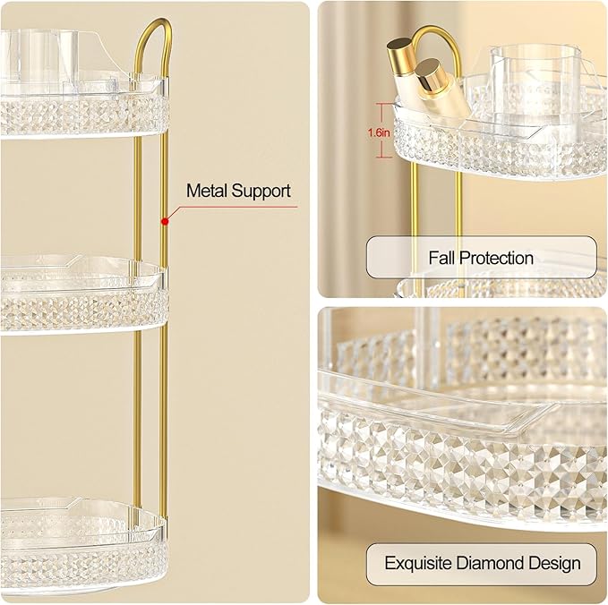 Rotating Makeup Organizer for Vanity 3 Tier, Perfume Organizer with Makeup Brush Holder, Large Capacity Cosmetics Clear Skincare Organizer for Countertop (Transparent)-FemmiqueWomen