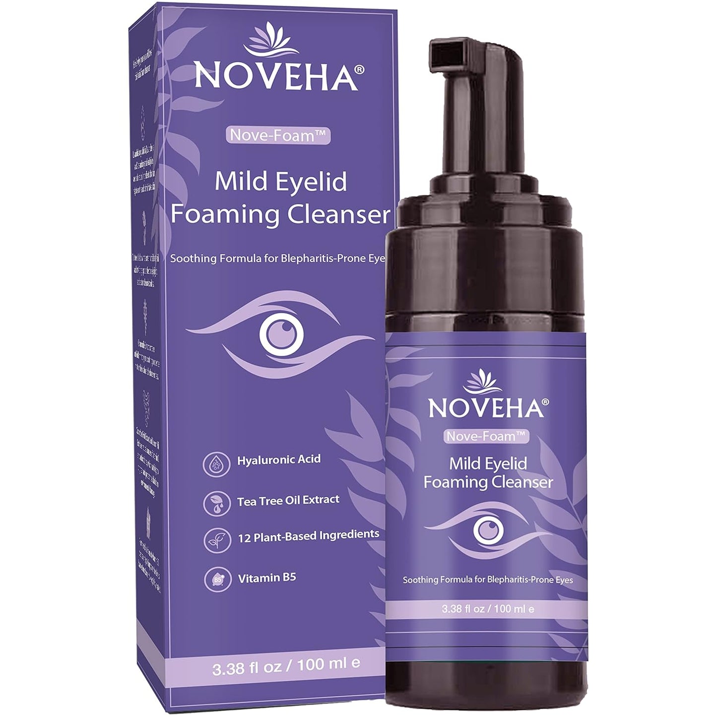 NOVEHA Lavender and Tea Tree Oil Eyelid Foaming Cleanser | Hydrating Hypoallergenic Daily Soap For Eyelashes and Lids, For Demodex, MGD, Stye Eye, Eye Irritations & Dry Skin | 3.38 fl oz (100ml)-FemmiqueWomen