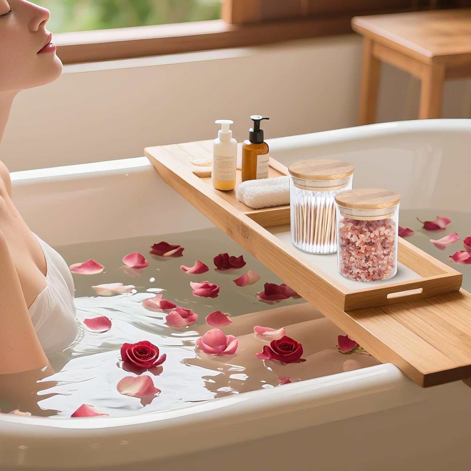 2 Pack Glass Qtip Holder Dispenser Set - Apothecary Jars with Lids for Vanity Makeup Organizer - Bathroom Canister Storage Organizer for Cotton Ball, Swab, Round Pads,Floss-FemmiqueWomen