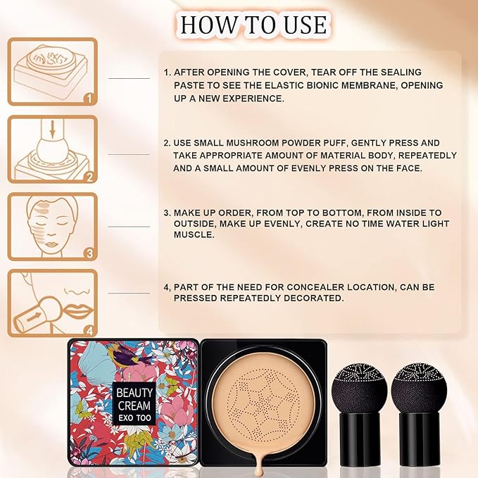 2 Pack Beauty Cream EXO TOO Foundation, Beauty Cream Makeup Base, Moisturizing, Long Lasting Matte Air Cushion CC Cream Concealer with Two Mushroom Head Sponges-FemmiqueWomen