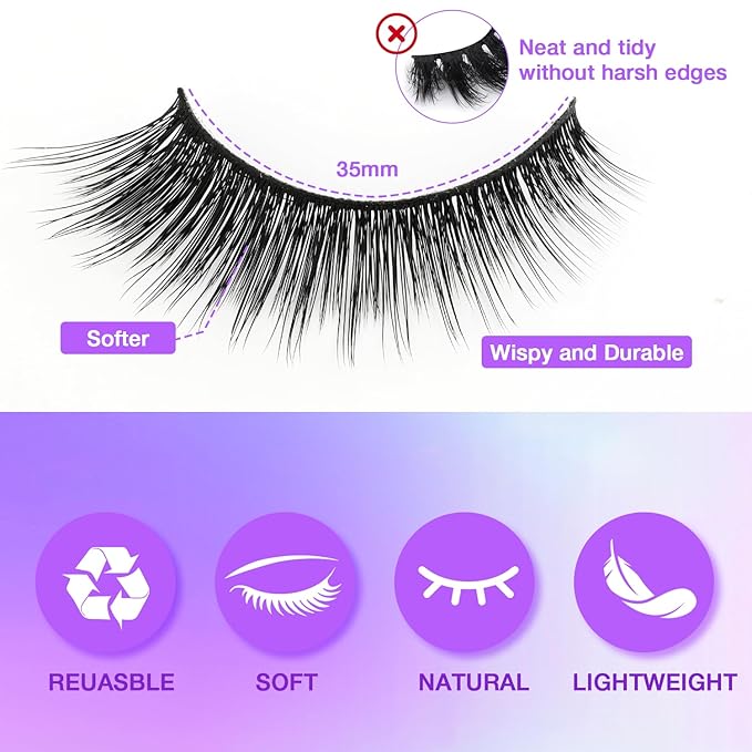 Wispy False Eyelashes Kit With Bond, Seal and Tweezer, 7 Pairs Natural Look Fake Cat Eye Lashes Strips Thin Band Extensions Waterproof Easy Eyelashes for Beginners RQ10-FemmiqueWomen