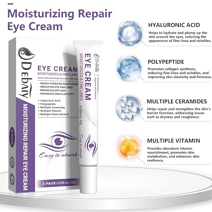 3 Pack Eye Cream Hydrating & Repairing with Hyaluronic Acid & Peptides - Moisturizes, Smooths Fine Lines, Enhances Elasticity (Each 0.529oz | 15g)-FemmiqueWomen