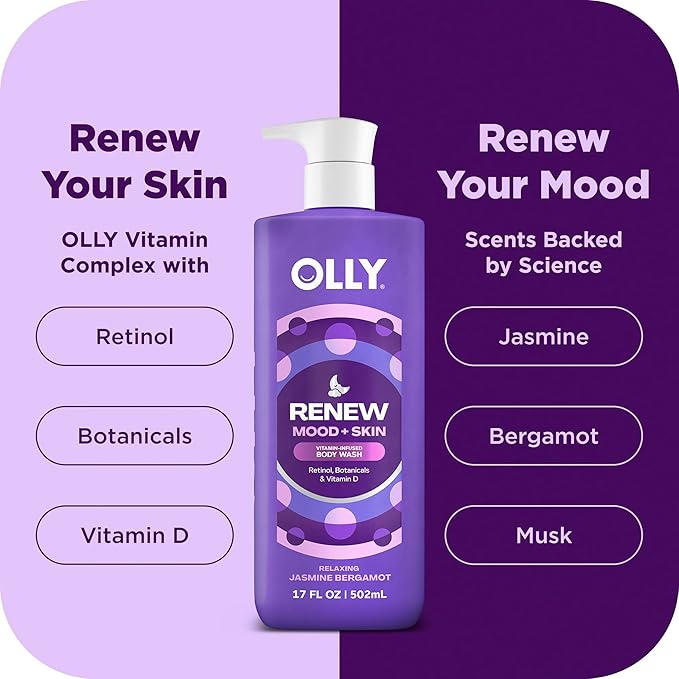 OLLY Renew Body Wash with Vitamin D, Retinol & Botanicals – Nourishing Cleanser for Skin Barrier Repair, Deep Hydration, Jasmine Bergamot Scent, 17oz-FemmiqueWomen