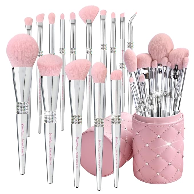 Bueart Design Elegant pink Ultra soft labeled Makeup Brushes Sets with Brush Holder makeup brush set with Foundation Powder blush blending contour Brush (15Pcs Silver Pink+Holder)-FemmiqueWomen
