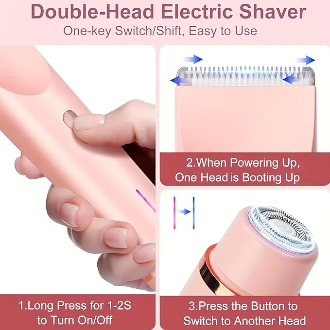 2025 Womens Shaver Dual-Head Bikini Trimmer for Women 2-in-1 Women's Body Shaver USB Charge Waterproof Painless Electric Razors for Silk Skin (Pink)-FemmiqueWomen