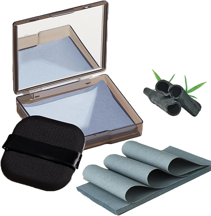 Natural Bamboo Charcoal Facial Oil Blotting Paper,100pcs Oil Blotting Sheets with Portable Mirror & Makeup Puff for Oily Face Skin,Oil Control Film Easy Take Out Handy Friendly Oil Absorbing Tissues-FemmiqueWomen