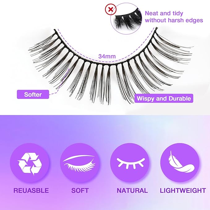 Wispy False Eyelashes Kit With Bond, Seal and Tweezer, 7 Pairs Natural Look Fake Cat Eye Lashes Strips Thin Band Extensions Waterproof Easy Eyelashes for Beginners DF1-FemmiqueWomen