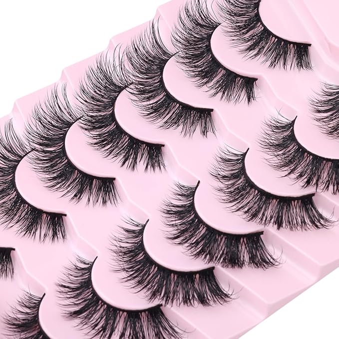 Mink Lashes False Eyelashes Natural Look Wispy Cat Eye Flat Lashes 3D Mink Lashes Natural Fake Lashes 18mm Strip Lashes Pack 7 Pairs-FemmiqueWomen